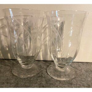 2 Vintage Rock Sharpe Crystal Etched Water Goblets, Footed  # 1819